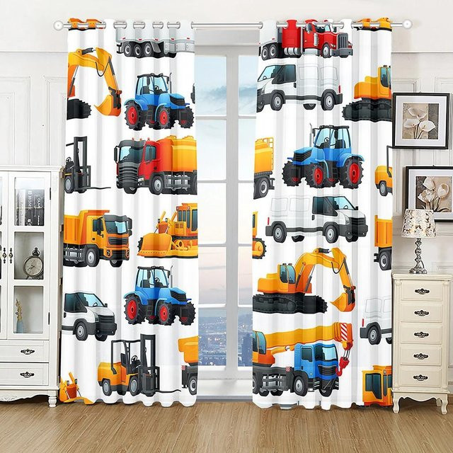 2er-Set Kindergardinen mit 3D-Bauernhof-Motiven wie Traktor, LKW und Bagger, halbtransparent, Mehrfarbig, Breite: 60 cm, Höhe: 100 cm - Bild 1