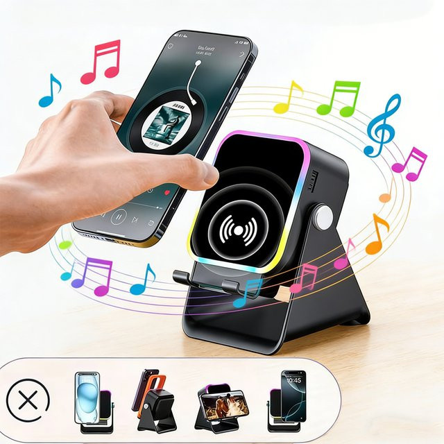 XIKCU 5-in-1 Schreibtisch-Handyhalterung mit kabelloser Induktion, Bluetooth-Lautsprecher und RGB-Beleuchtung für iPhone und Samsung in Schwarz oder Weiß - Bild 1