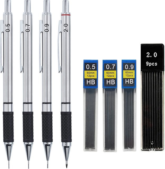 MROOFUL Metall-Druckbleistift-Set in Silber mit Griffhalterung und HB Zeichenminen, 0,5 mm, 0,7 mm, 0,9 mm und 2,0 mm für Kunst, Zeichnen und Bürobedarf - Bild 1