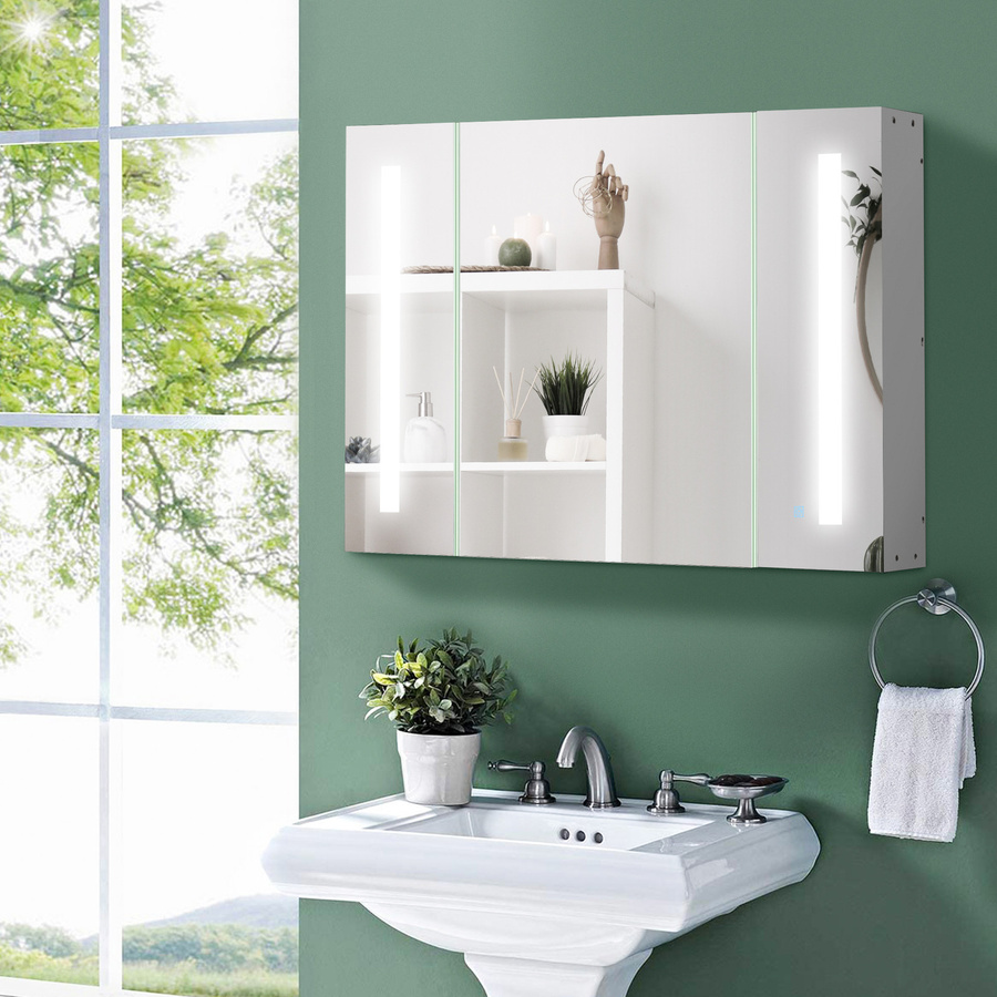 Aosom Spiegelschrank für das Badezimmer mit 3 Spiegeltüren, LED-Beleuchtung und Touch-Schalter, Weiß, B: 90 cm, H: 65 cm, T: 15 cm - Bild 2