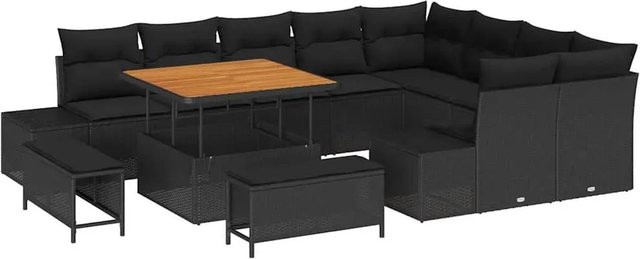 vidaXL Garten-Sofa-Set aus Polyrattan in Schwarz, 12-teiliges Outdoor-Set mit Eckelementen, Ottoman, Couchtisch und integriertem Kissen-Speicher - Bild 1