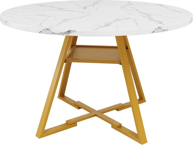 okwish Esstisch Rund in Marmoroptik mit Metallbeinen, Farbe Weiß/Gold, Durchmesser: 120 cm, Höhe: 75 cm - Bild 1