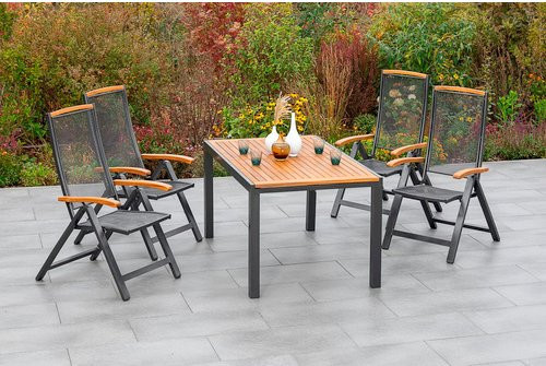 Merxx Gartenmöbelset Tilos 5-teilig aus Aluminium und geöltem Akazienholz in Grau mit Ausziehtisch und Klappsesseln - Bild 1