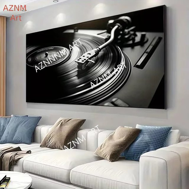 AZNM Vinyl-Plattenspieler Leinwandkunst Wanddekoration in Schwarz-Weiß - Bild 1