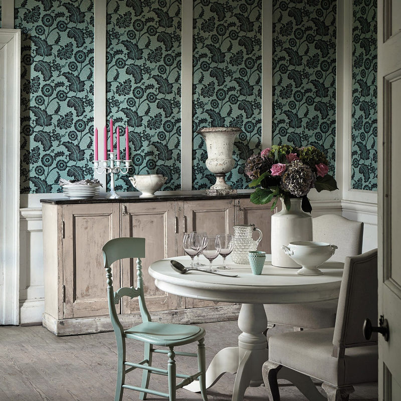 Little Greene Tapete Piccadilly Mock Green mit floralem Botanik-Design in Grün und Türkis - Bild 3