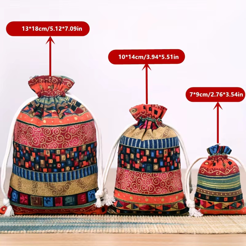6er Set ethnische Schmuckbeutel aus Baumwoll-Leinen und Hanf in Gelb und Multicolour zur Aufbewahrung von Perlen und Accessoires - Bild 4