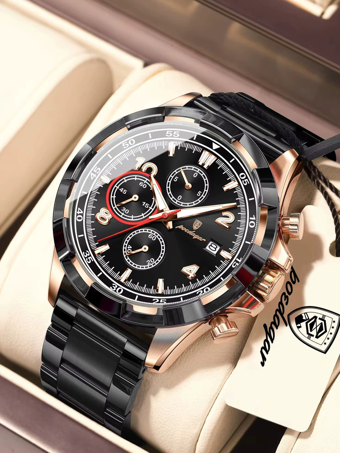 POEDAGAR Armbanduhr Chronograph, Quarz, Edelstahl, Schwarz, Herren - Bild 7