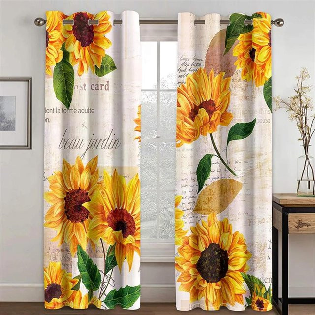 Yiran Furniture Dekorative Vorhänge im Vintage Pastoral Stil mit gelben Sonnenblumen, 2 Paneele, semi-transparent, B: 66 cm, H: 165 cm - Bild 1