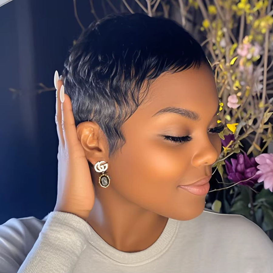 OYM HAIR Pixie-Perücke, 4 Zoll, 100 % Echthaar, Rose Net Cap, gerade - Bild 2