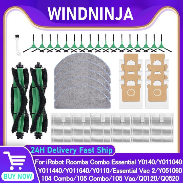 WINDNINJA Ersatzteil-Set für iRobot Roomba Combo Essential Y0140, Y051060, 104 Combo und 105 Combo mit Filtern, Wischtüchern, Seitenbürsten, Hauptbürste und Staubbeuteln in Multicolour - Bild 1