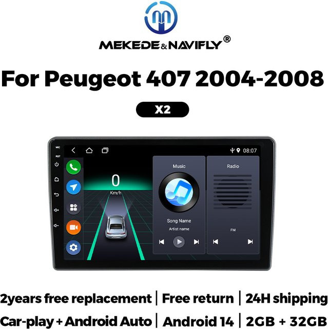 MEKEDE & NAVIFLY 9 Zoll Auto Radio Multimedia Player mit CarPlay und GPS für Peugeot 407, Schwarz - Bild 1
