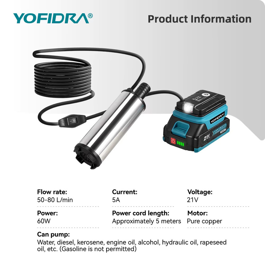 YOFIDRA Elektrische kabellose Tauchpumpe für Makita Akku in Silber, 50-80 l/min - Bild 2