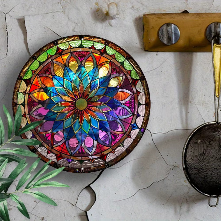 HELLOYOUNG Rundes Mandala-Kunstschild aus Aluminium in Multicolour, Art Nouveau Wanddekoration mit geometrischem Blumenmuster, Durchmesser: 20,3 cm - Bild 4