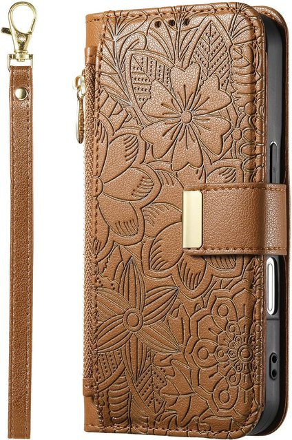 Samsung Galaxy Handyhülle mit Lanyard, Reißverschluss-Brieftasche, Dual-Kartenhalter und Klappständer in Braun - Bild 1