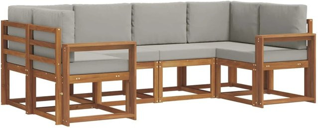 vidaXL Outdoor-Sofagarnitur 6-teilig in L-Form aus Akazienholz mit Kissen, Farben: Natur und Hellgrau - Bild 1