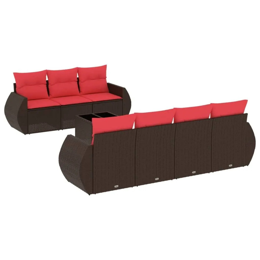 vidaXL 8-tlg. Gartensofa-Set in L-Form mit Kissen und Couchtisch, Polyrattan und Metall, Braun/Rot - Bild 2