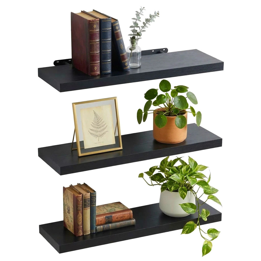 Relaxdays Wandregal 3er Set aus MDF und Eisen in Schwarz, B/T/H: 100 x 23 x 4 cm - Bild 2