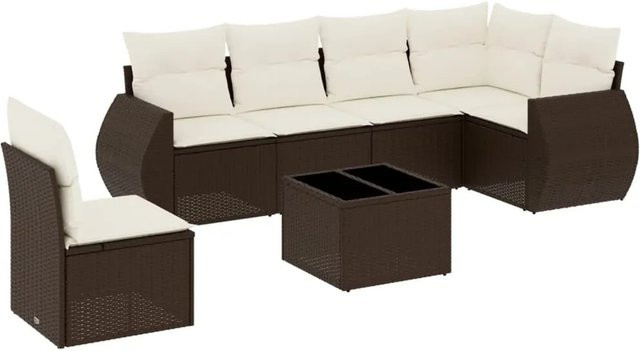 vidaXL 7-teilige Garten-Sofagarnitur in L-Form aus braunem Poly-Rattan mit wetterfesten Kissen und pulverbeschichtetem Stahlgestell - Bild 1