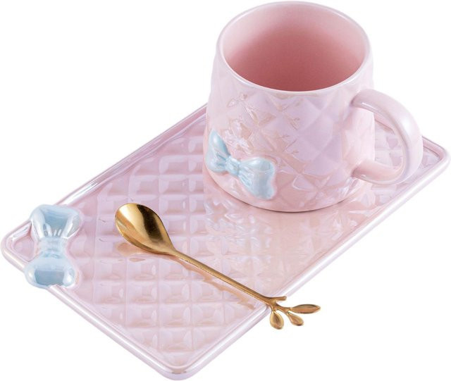 Yiran toy 1 Kaffeetasse mit Untertasse aus Porzellan mit Schleifenrelief in Weiß, 350 ml - Bild 1