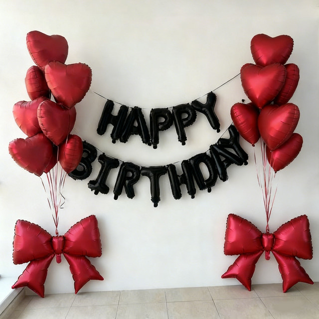 Schwarzes Happy Birthday Ballon-Set mit roten Herzen aus Aluminiumfolie für deine Geburtstagsparty-Dekoration - Bild 1