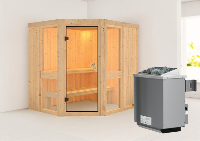 Karibu Sauna Anina 1 aus Fichte in Braun mit 9,0 kW Ofen und integrierter Steuerung, B/T/H: 196 x 170 x 198 cm - Bild 1