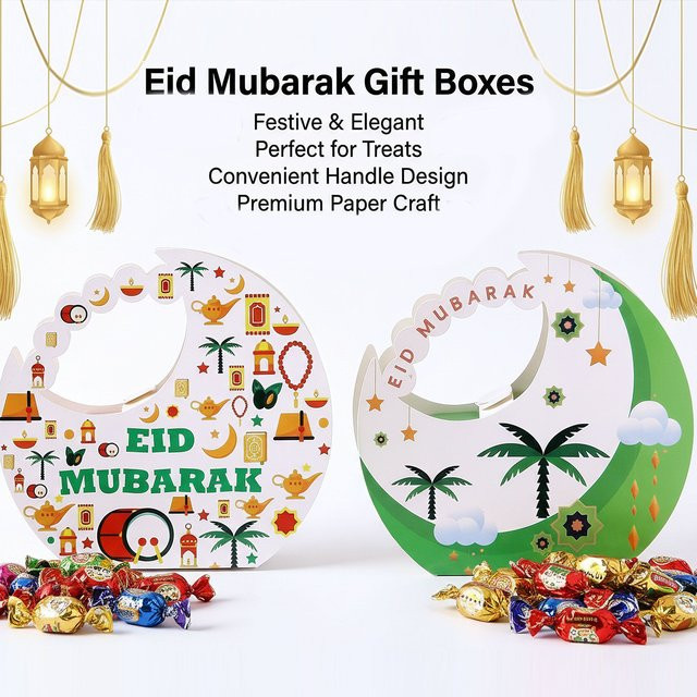 6 luxuriöse islamische Geschenkboxen in Mondform aus Papier, Farben: Grün und Weiß, ideal für Datteln, Pralinen oder Desserts - Bild 1