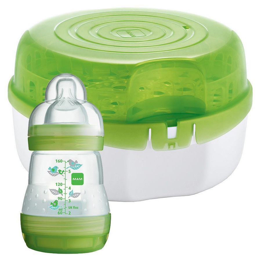 MAM Mikrowellen-Dampfsterilisator mit Anti-Kolik-Flasche 160 ml in Grün, BPA-frei - Bild 1