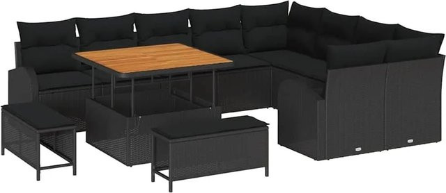 vidaXL Garten-Sofa-Set in U-Form mit 12-teiligem Zubehör, Kissen und integriertem Stauraum, Schwarz - Bild 1