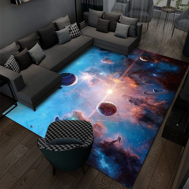 Rutschfester 3D Sonnensystem Kinderzimmerteppich mit Weltraum-Planeten-Motiv in Blau - Bild 1