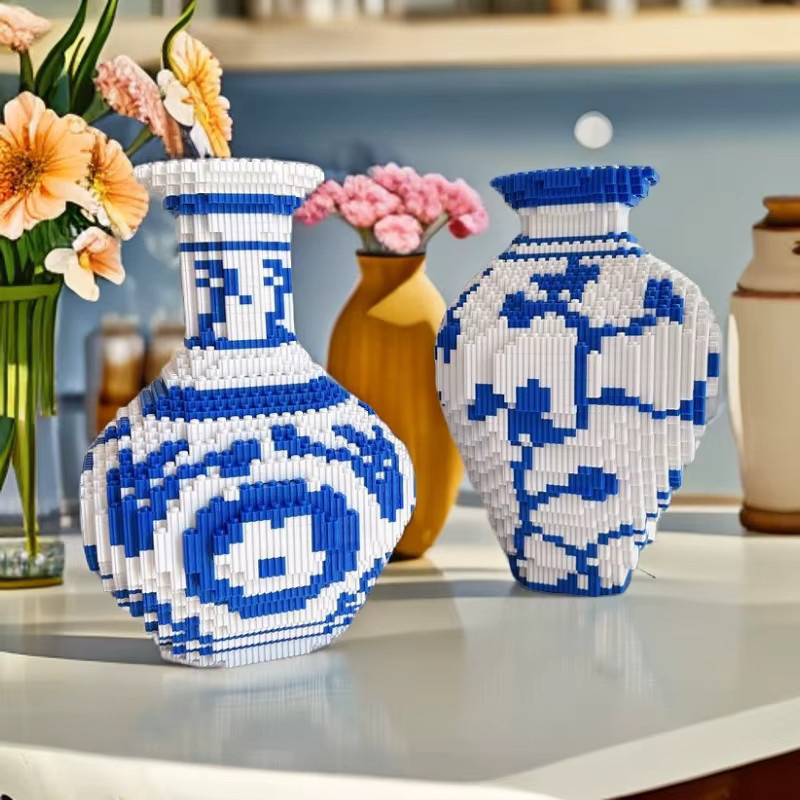 AMZSTEM Chinesische Blau-Weiß-Porzellanvase, DIY-Puzzle Baustein, 28cm - Bild 1