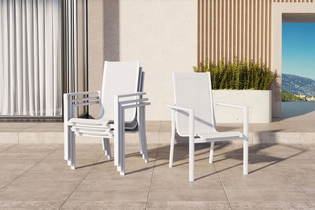 OUTFLEXX Glasgow 4er Stapelsessel-Set in Weiß aus Aluminium und Textilene, witterungsbeständig und UV-resistent, B/T/H: 65 x 60 x 94 cm - Bild 1