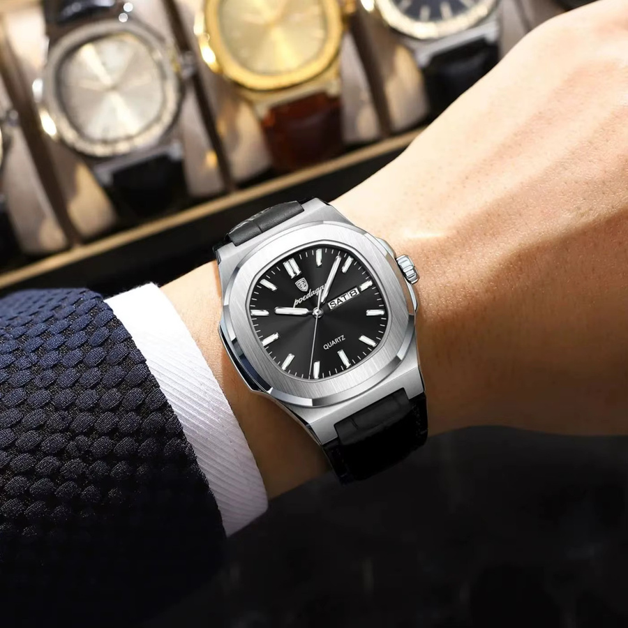 POEDAGAR Armbanduhr, Analoguhr, Edelstahl, Leder, Schwarz, Herren - Bild 6