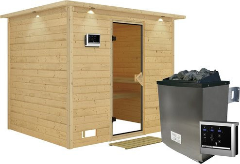 Karibu Sauna Paldiski aus Fichtenholz in Beige inklusive 9 kW Saunaofen mit externer Steuerung für 4 Personen, B/T/H: 264 x 198 x 212 cm - Bild 1