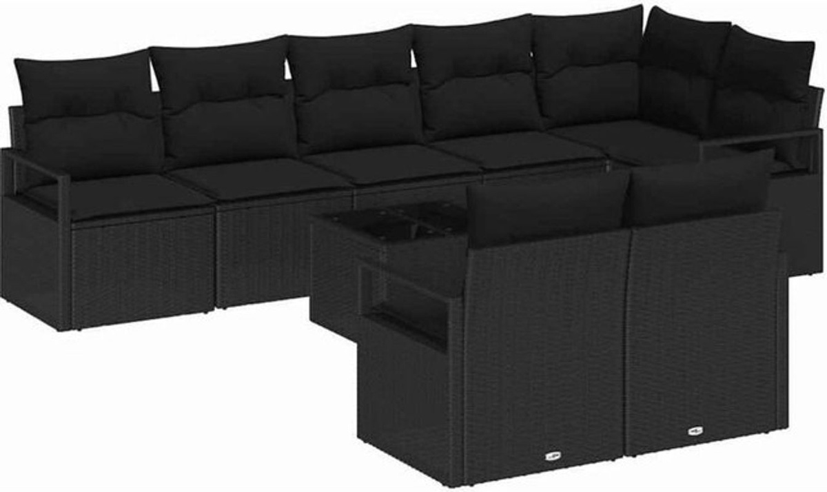 vidaXL Loungemöbel Sofa Set aus Polyrattan mit Kissen und Speicherfunktion in Schwarz, 9-teilig - Bild 1