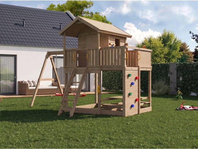 Fungoo Spielturm Stelzenhaus Moonlight in Rot und Braun aus Holz, kesseldruckimprägniert - Bild 1
