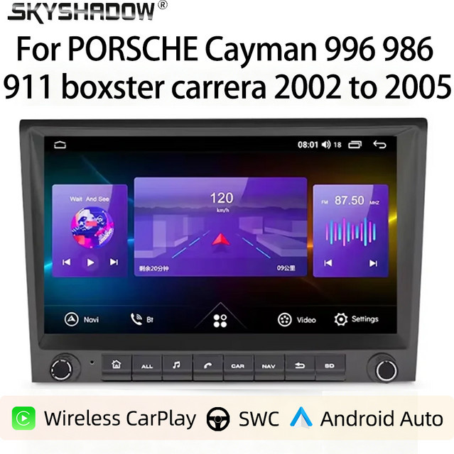SKYSHADOW Multimedia-Autoradio für Porsche 911 996 986 Carrera Boxster mit drahtlosem CarPlay, Navigation und Bluetooth in Schwarz - Bild 1