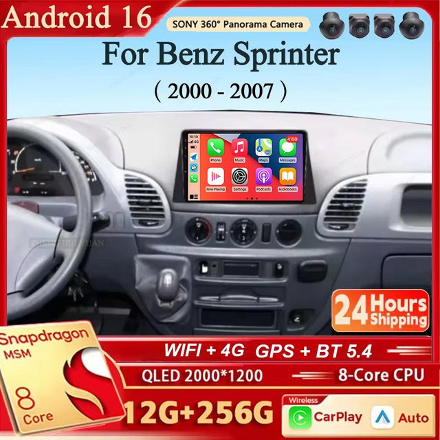 TIEYEZ Android 16 Autoradio-Navigationssystem Multimedia-Stereo-Player mit Carplay für Benz Sprinter 2000 - 2007 in Schwarz - Bild 1