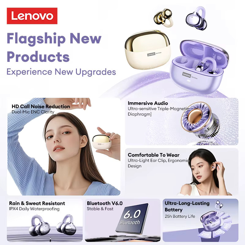 Lenovo LE302 OWS Kabellose Bluetooth 6.0 Kopfhörer mit Geräuschunterdrückung und Ohrclip-Design in Schwarz - Bild 5
