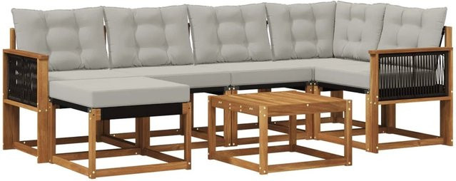vidaXL Outdoor-Sofagarnitur aus Akazienholz und Textilene mit 7 Kissen in Natur und Grau - Bild 1