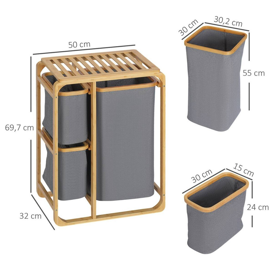 HOMCOM Wäschekorb aus Bambus mit 3 abnehmbaren Wäschesäcken in Grau und Natur, B/T/H: 32 x 50 x 69,7 cm - Bild 4