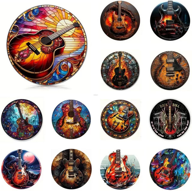 Potdemiel Retro Metallschild Rund mit Gitarren- und Bass-Motiv, Mehrfarbig, Durchmesser: 20 cm - Bild 1