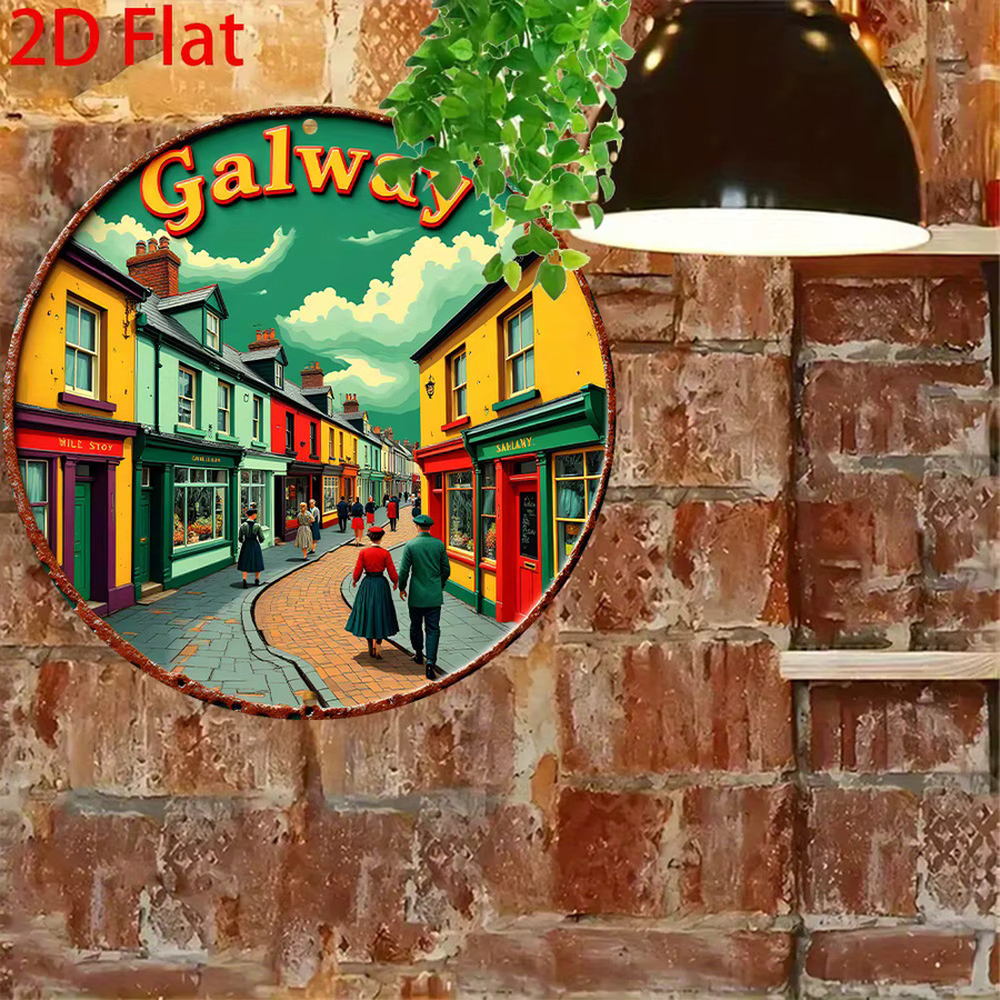 Potdemiel Retro Rundes Aluminium-Blechschild Galway Street Scene Vintage Wandkunst, B/H: 20,32 x 20,32 cm, Mehrfarbig - Bild 2