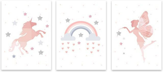 TPFLiving Poster Leinwand 3er Set mit Einhorn, Zauberfee und Regenbogen für das Kinderzimmer, Multicolor, Breite: 60 cm, Höhe: 80 cm - Bild 1