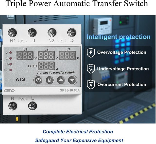 GEYA Automatischer Transferschalter ATS 3-Phasen Phasenwähler mit Überwachung für 110V/220V Über- und Unterspannungsschutz - Bild 1