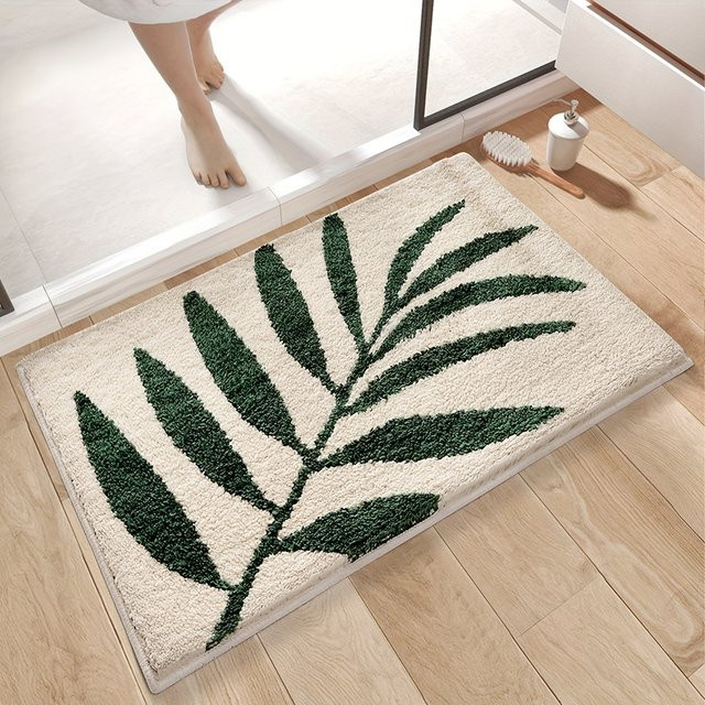 VIKAMA Grüner Blatt-Teppich mit floralem Design, weich und saugfähig, Rechteckig, B/T: 60 x 40 cm - Bild 1