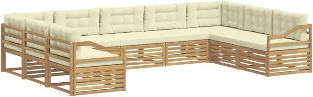 vidaXL Outdoor-Sofagarnitur in U-Form aus Akazienholz mit Polstern, Weiß und Beige, B/T/H: 404 x 245,5 x 73 cm - Bild 1