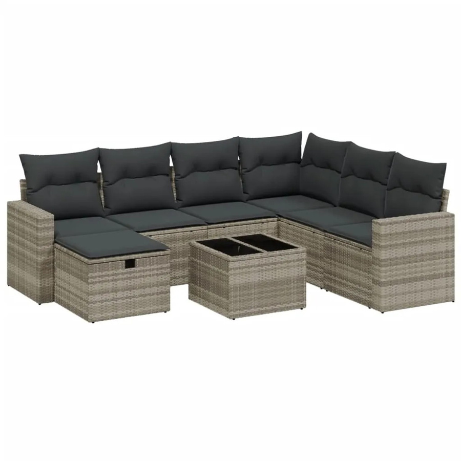 vidaXL 8-teilige Garten-Sofagarnitur in L-Form aus Poly-Rattan mit Kissen und Couchtisch, Hellgrau - Bild 2