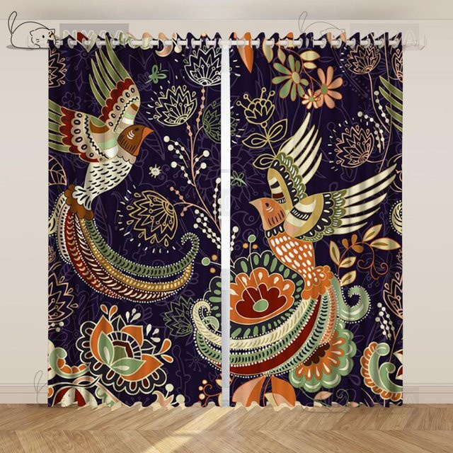 Yiran Furniture Vintage Vorhänge mit Blumen und Vögeln in Multicolour, semi-transparent, Polyester, B/H: 120 x 270 cm (2 Stück) - Bild 1