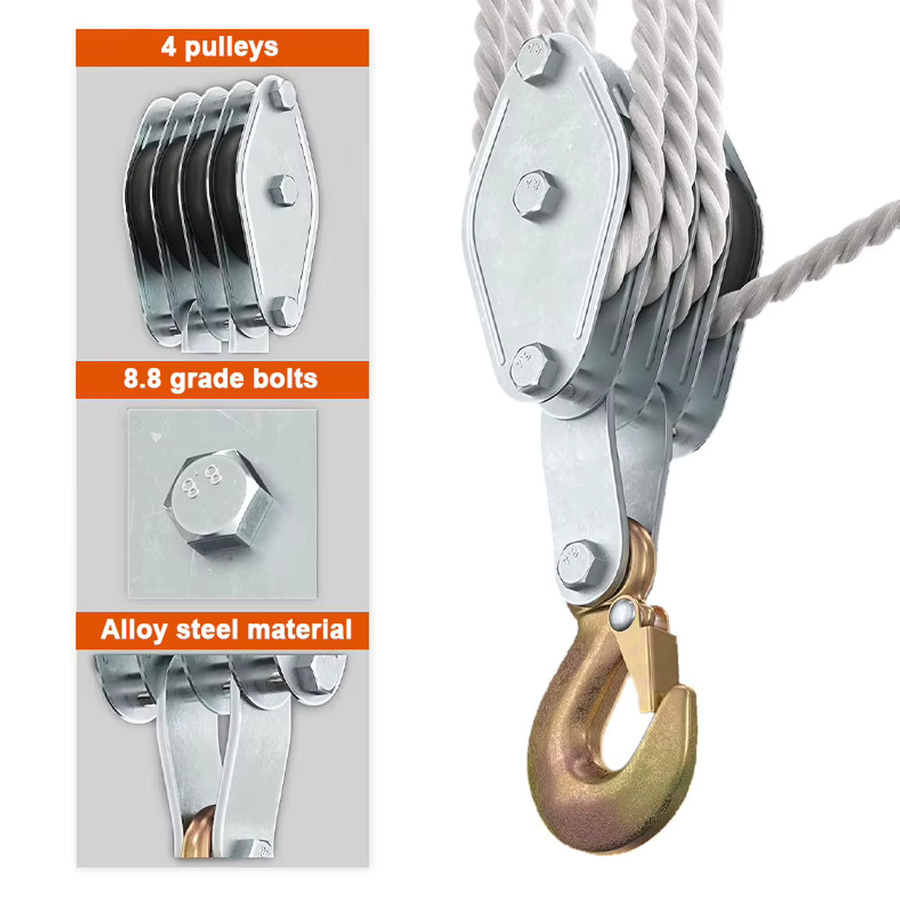 Aramox Manueller Seil-Flaschenzug mit 270 Grad Drehung, Silber, Zinklegierung-Haken und Polyethylen-Seil - Bild 1
