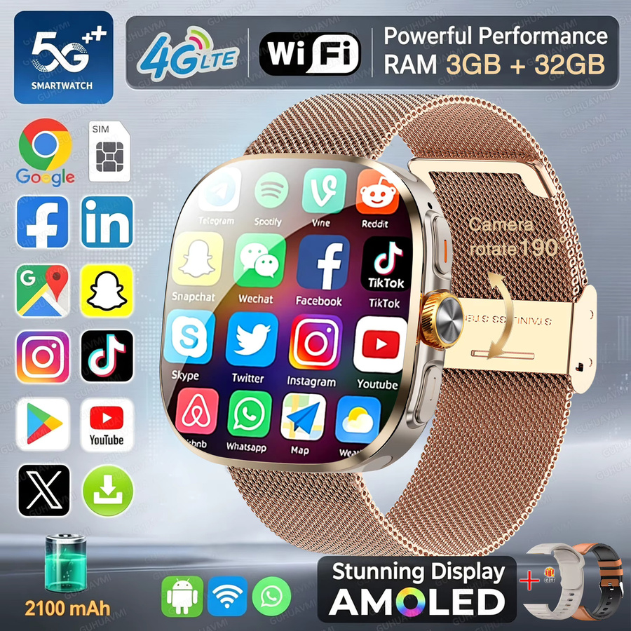 GUHUAVMI Android Smartwatch in Gold mit 32GB Speicher, WiFi 5G, Videoanruf, GPS, Google Maps und AMOLED Display sowie 2100mAh Akku - Bild 7